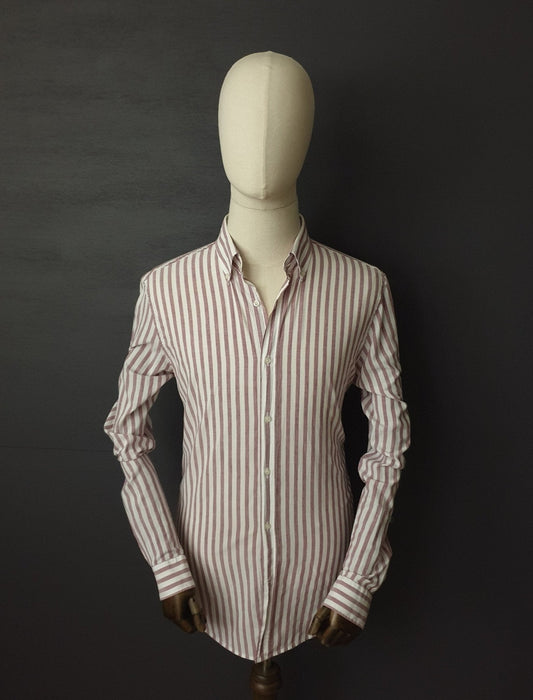 REISS Ruben Linen Regular Fit Shirt in Burgundy & White