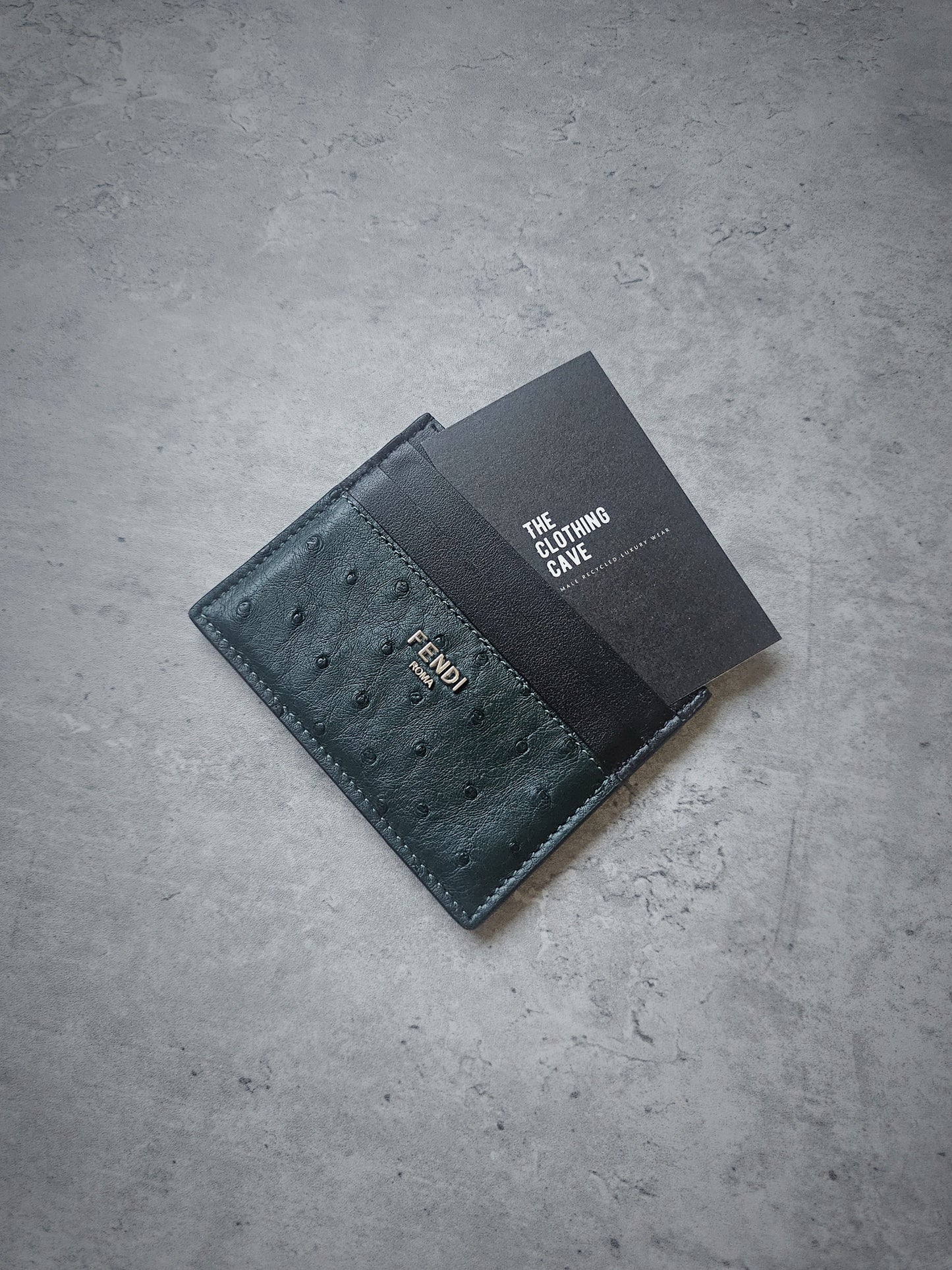 FENDI Green Ostrich Leather Card Holder