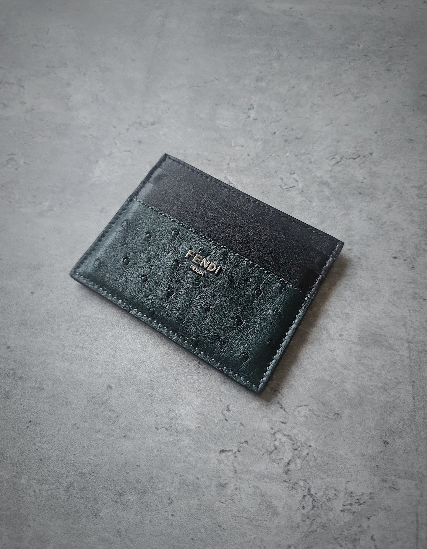 FENDI Green Ostrich Leather Card Holder