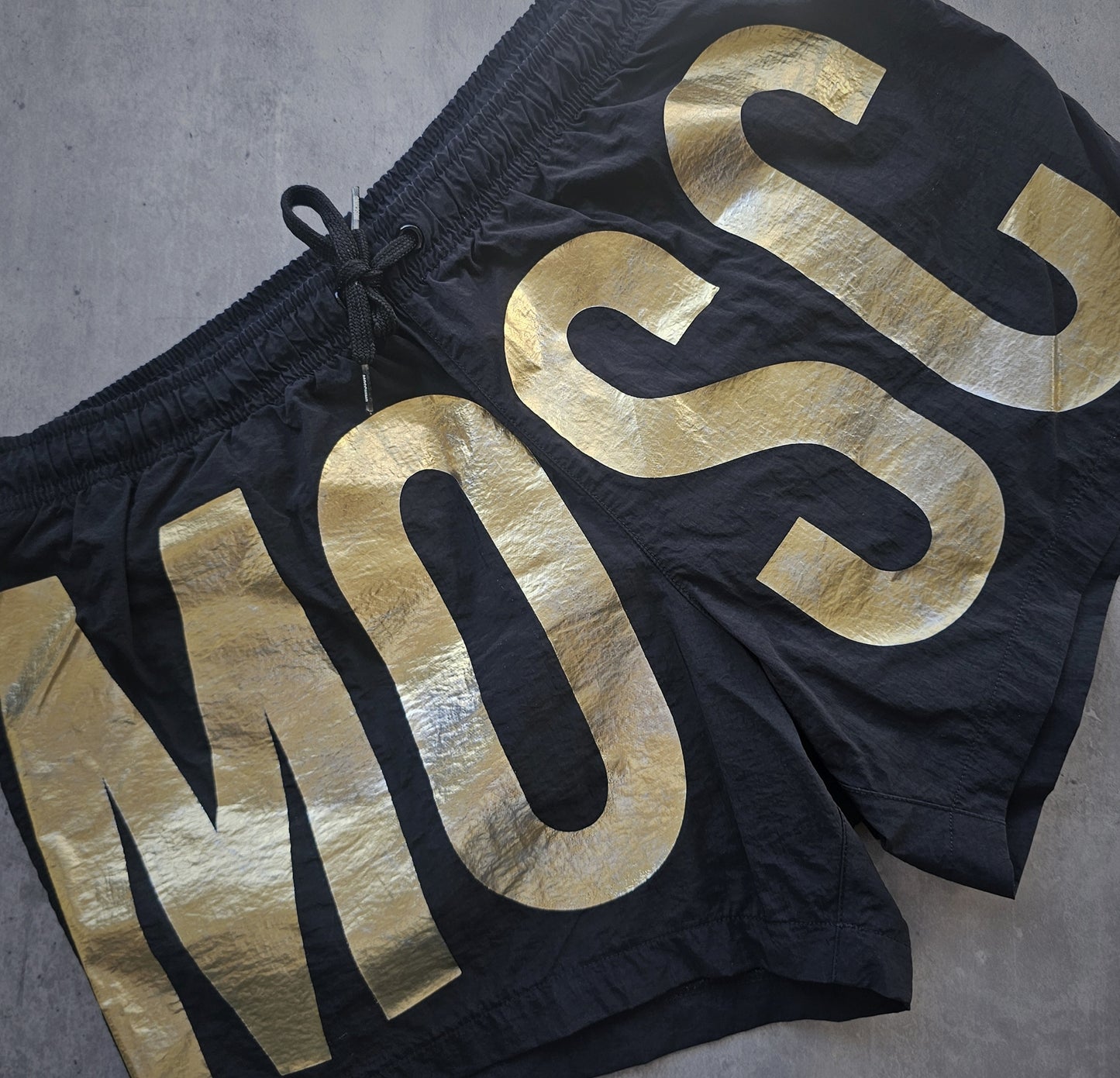 MOSCHINO Gold Foil Logo Black Swim Shorts