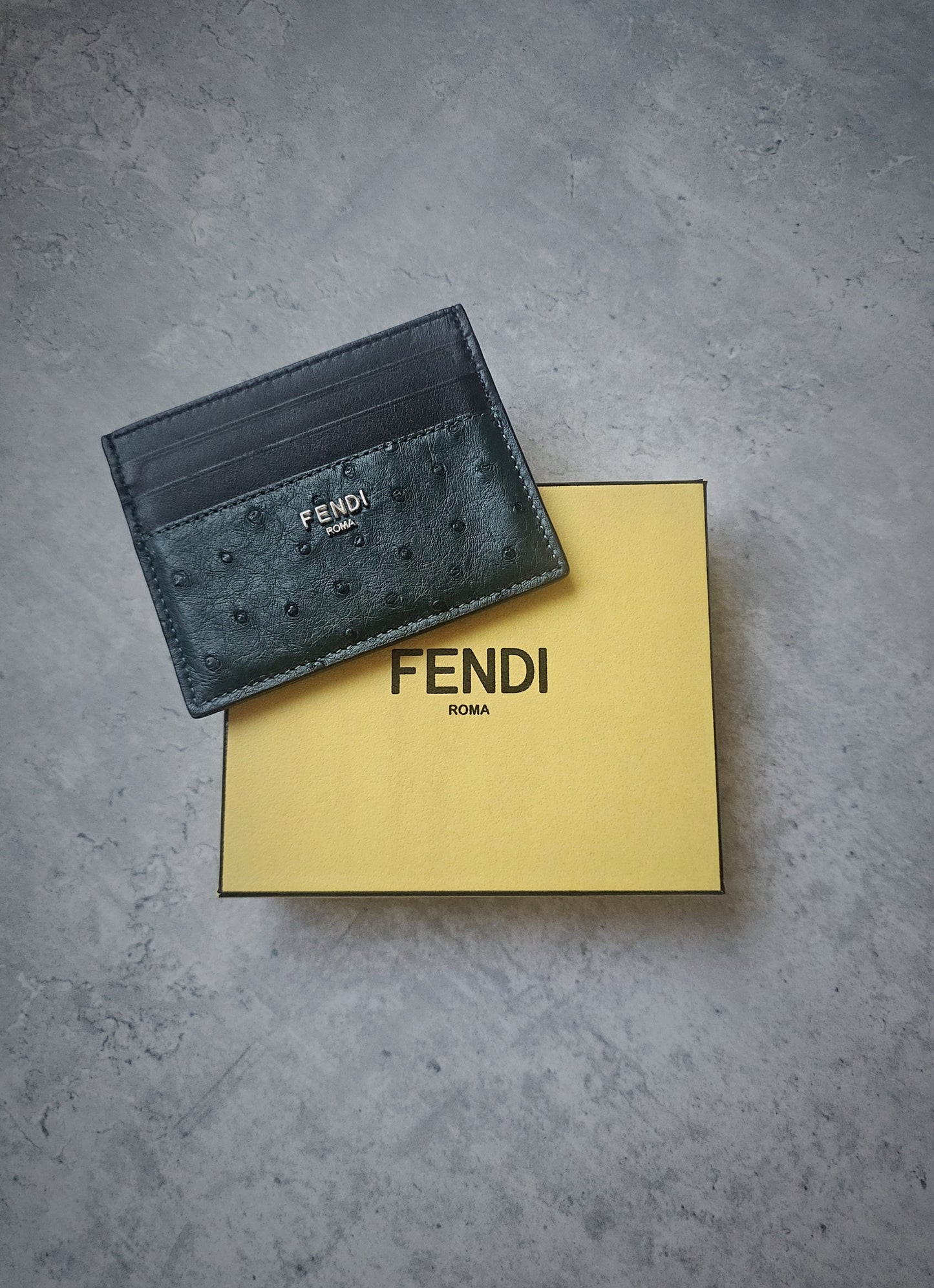 FENDI Green Ostrich Leather Card Holder