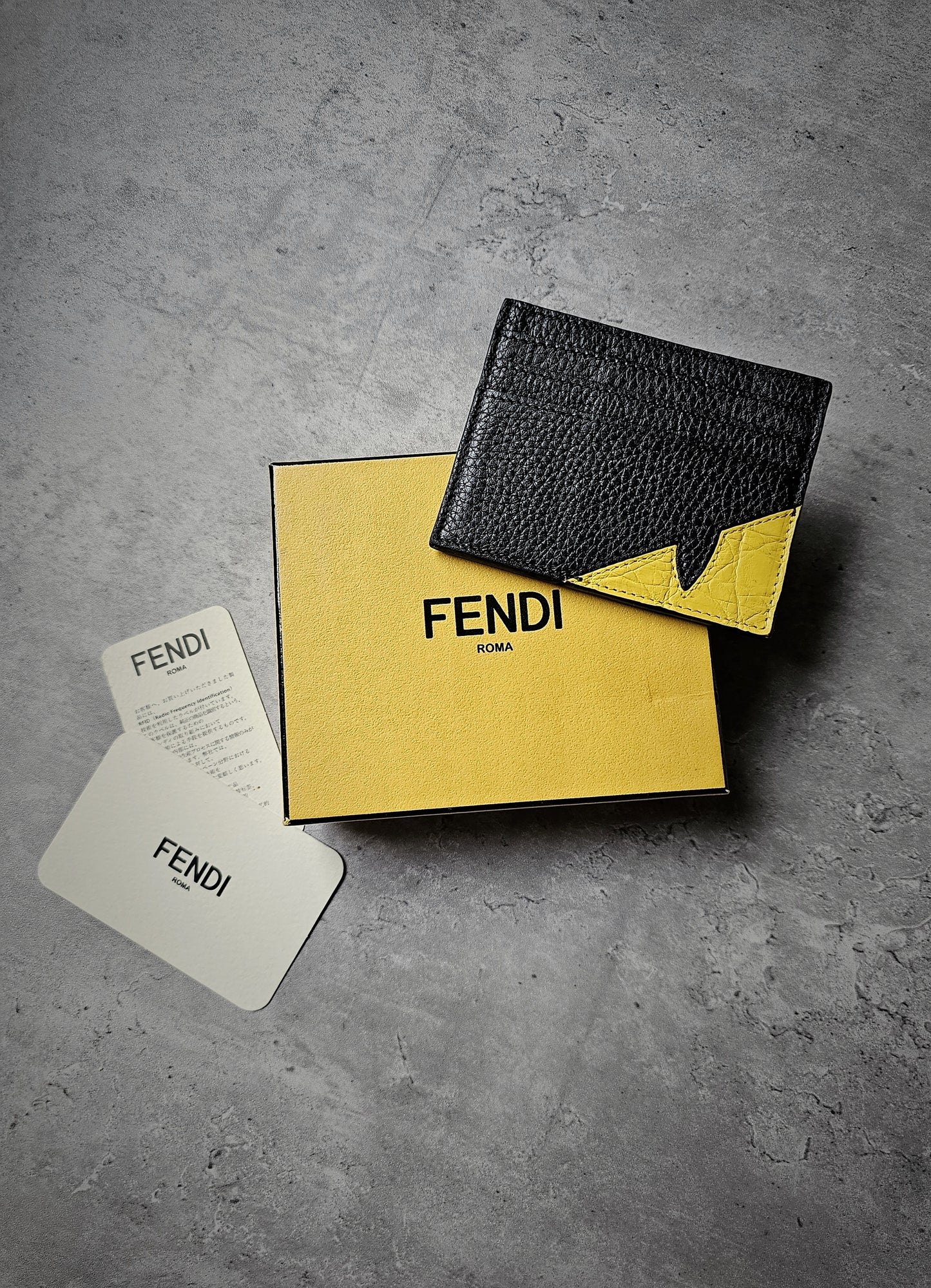 FENDI Black & Yellow Bug Eye Roma Leather Card Holder