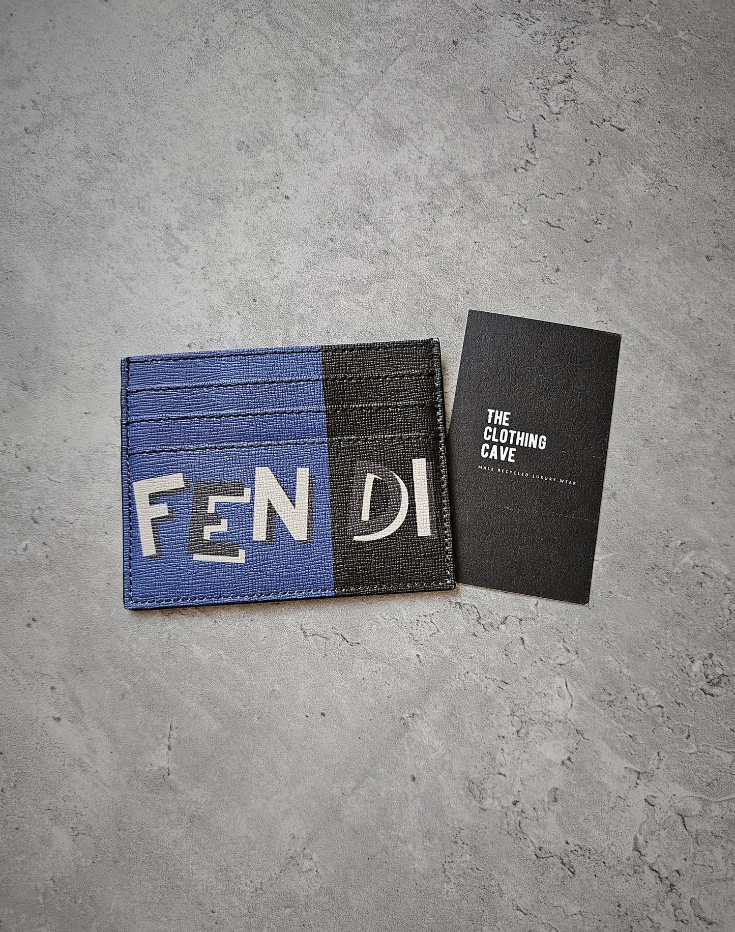 FENDI Colour-blocked Blue & Black Grained Card Holder