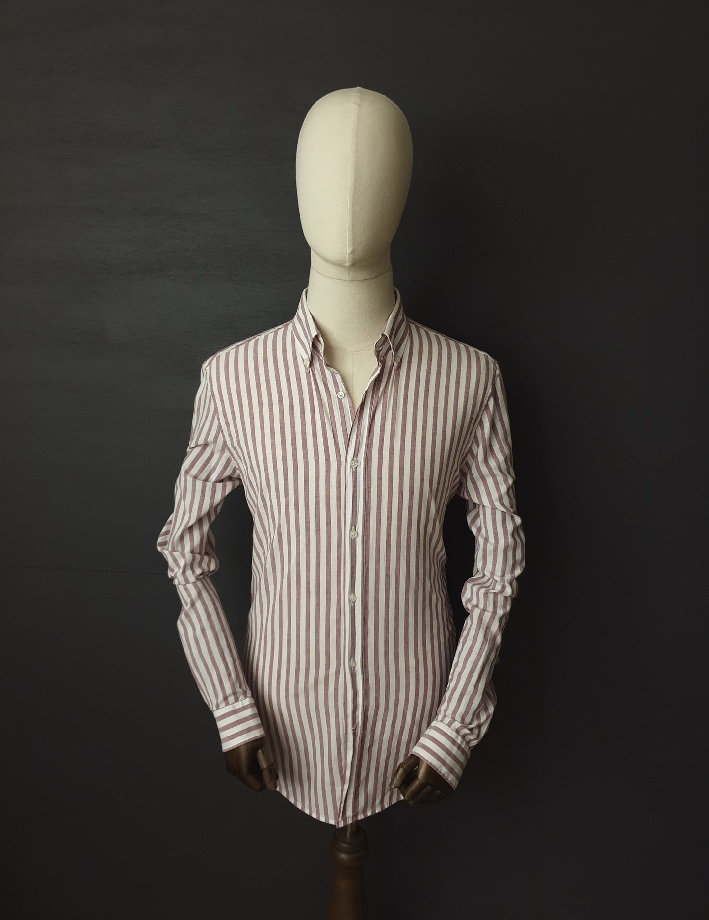 REISS Ruben Linen Regular Fit Shirt in Burgundy & White