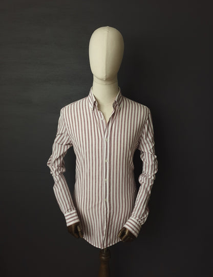 REISS Ruben Linen Regular Fit Shirt in Burgundy & White