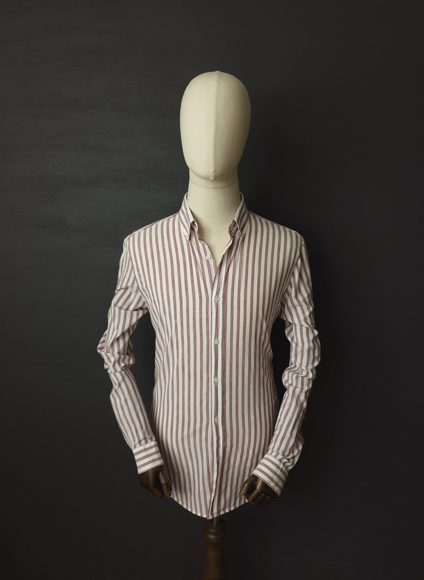 REISS Ruben Linen Regular Fit Shirt in Burgundy & White