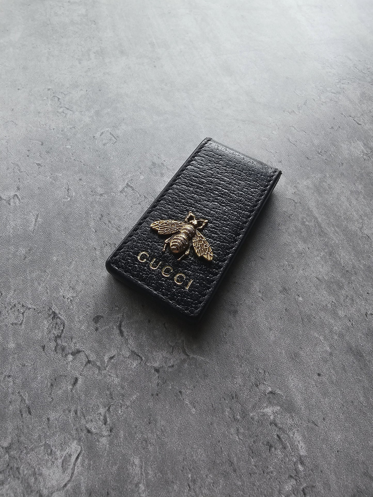 GUCCI Black Leather Animalier Bee Money Clip