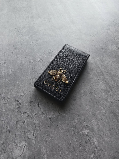 GUCCI Black Leather Animalier Bee Money Clip