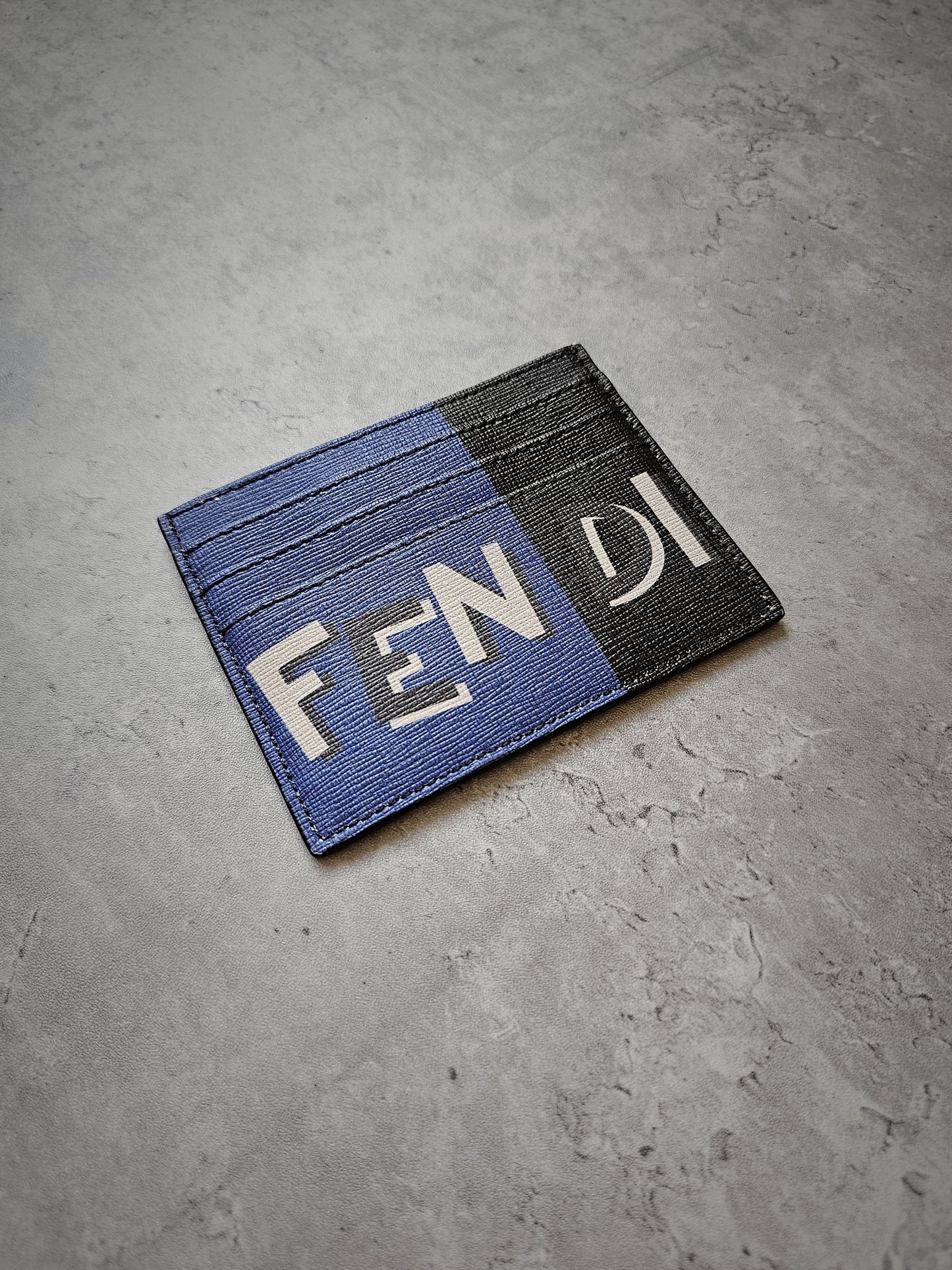 FENDI Colour-blocked Blue & Black Grained Card Holder