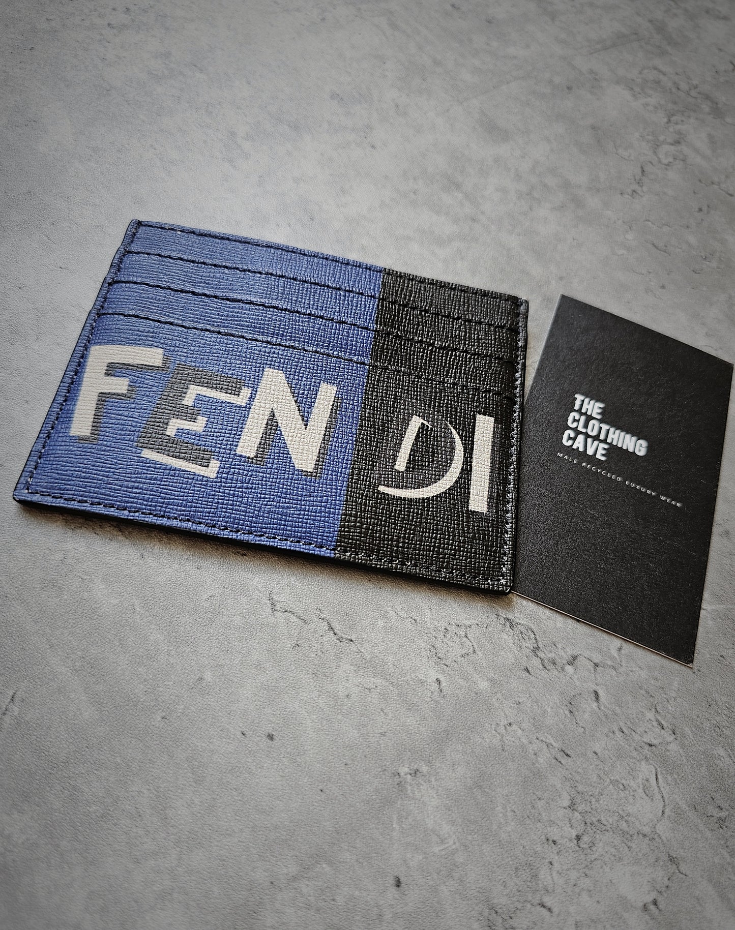FENDI Colour-blocked Blue & Black Grained Card Holder