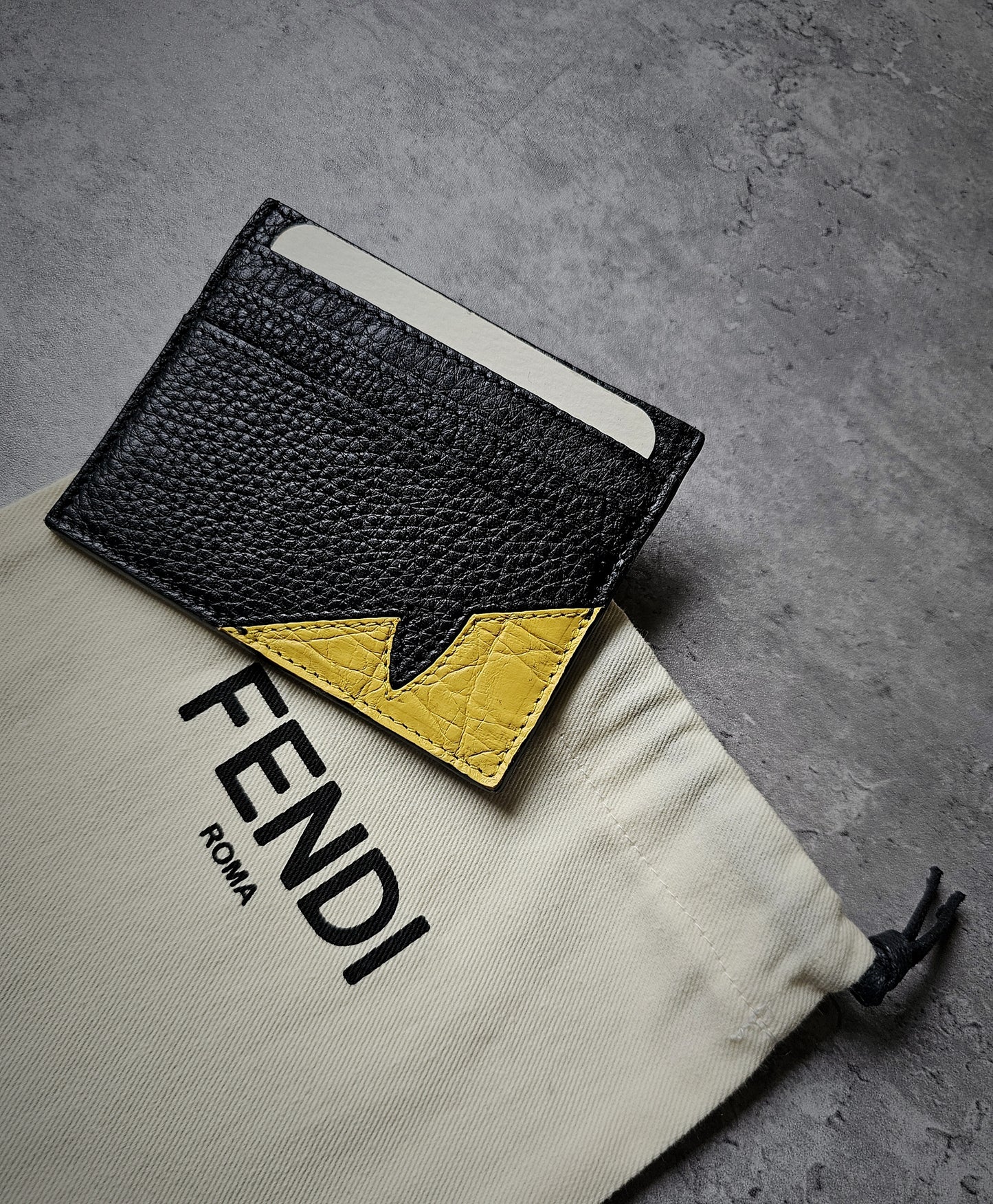 FENDI Black & Yellow Bug Eye Roma Leather Card Holder