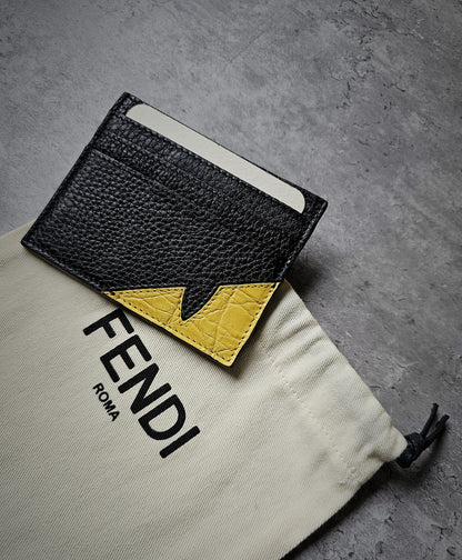 FENDI Black & Yellow Bug Eye Roma Leather Card Holder