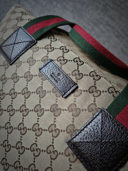 GUCCI GG Leather and webbing-trimmed Supreme Monogram Duffle Bag