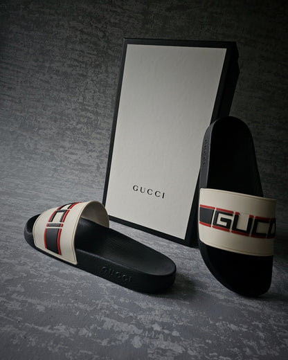 GUCCI Blk/white Nastro Rubber Slides