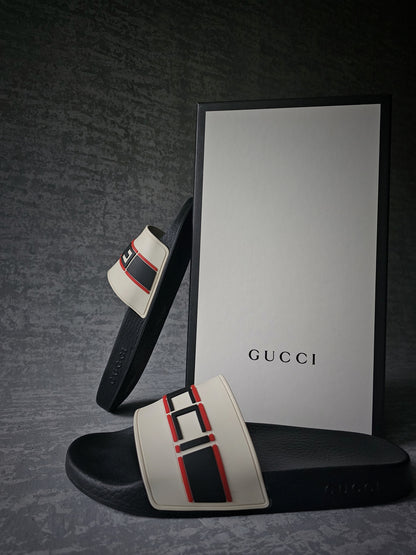 GUCCI Blk/white Nastro Rubber Slides