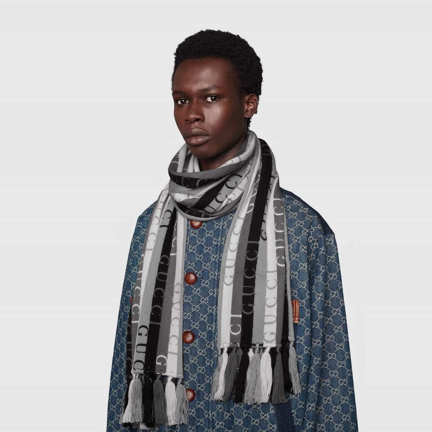 GUCCI Embroidered Jacquard Wool Stripe Scarf