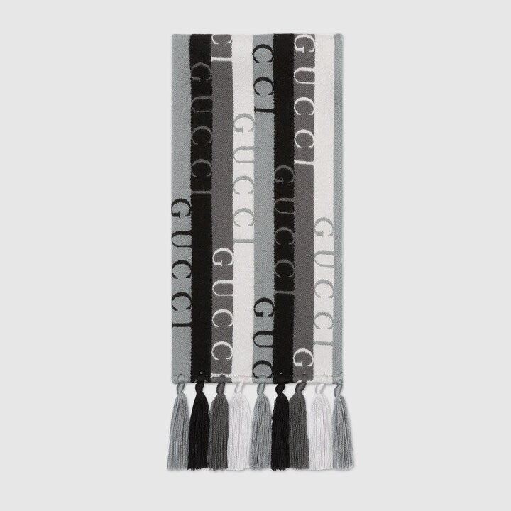 GUCCI Embroidered Jacquard Wool Stripe Scarf