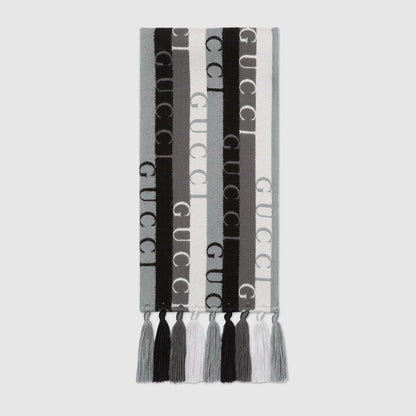 GUCCI Embroidered Jacquard Wool Stripe Scarf